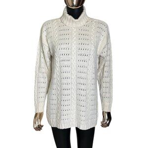 Worthington Vintage Silk Angora Blend Cable Knit Turtleneck Sweater Cream Large